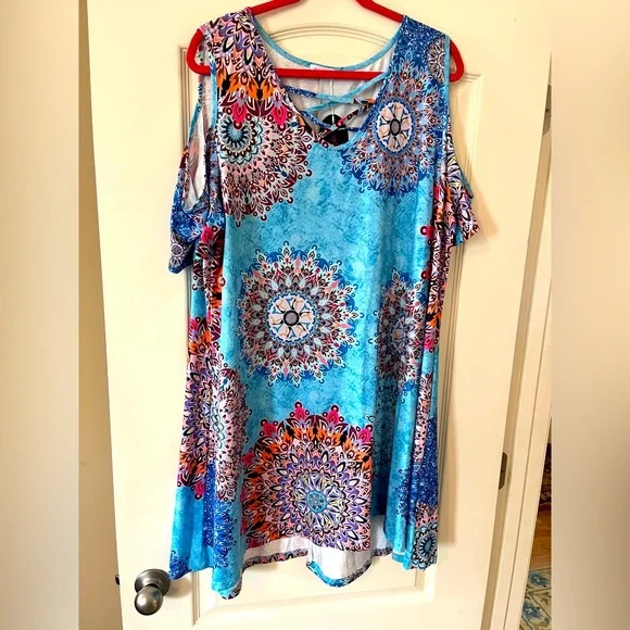 New! Blue Time Brand Summer Cold Shoulder Short Sleeve Dress Sz 3X - Picture 1 of 16